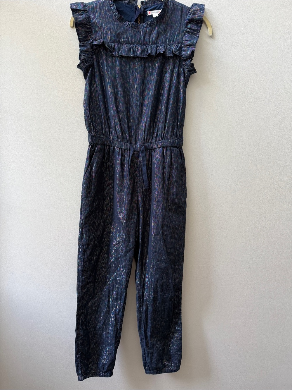 Crewcuts J Crew Navy Rainbow Metallic Ruffle-Sleeve Jumpsuit Pockets Sparkle Fun